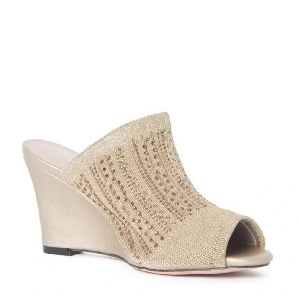 Lauren Lorraine Gold Embellished Knit Open Wedge Heel Shoes Mules Sz 6 /#S1104